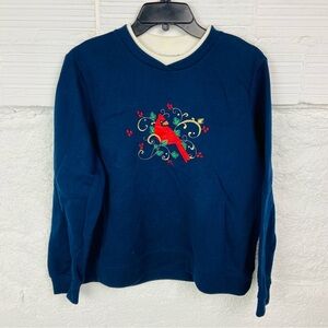 Studio Works sport Cream & Blue embroidered cardinal bird fleece Sweatshirt LP